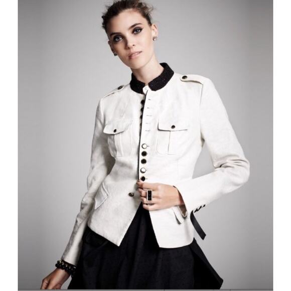 Kinder Aggugini for Macy's Cream Linen Military Black Trim Ribbon Cuff Blazer XS - Picture 1 of 12